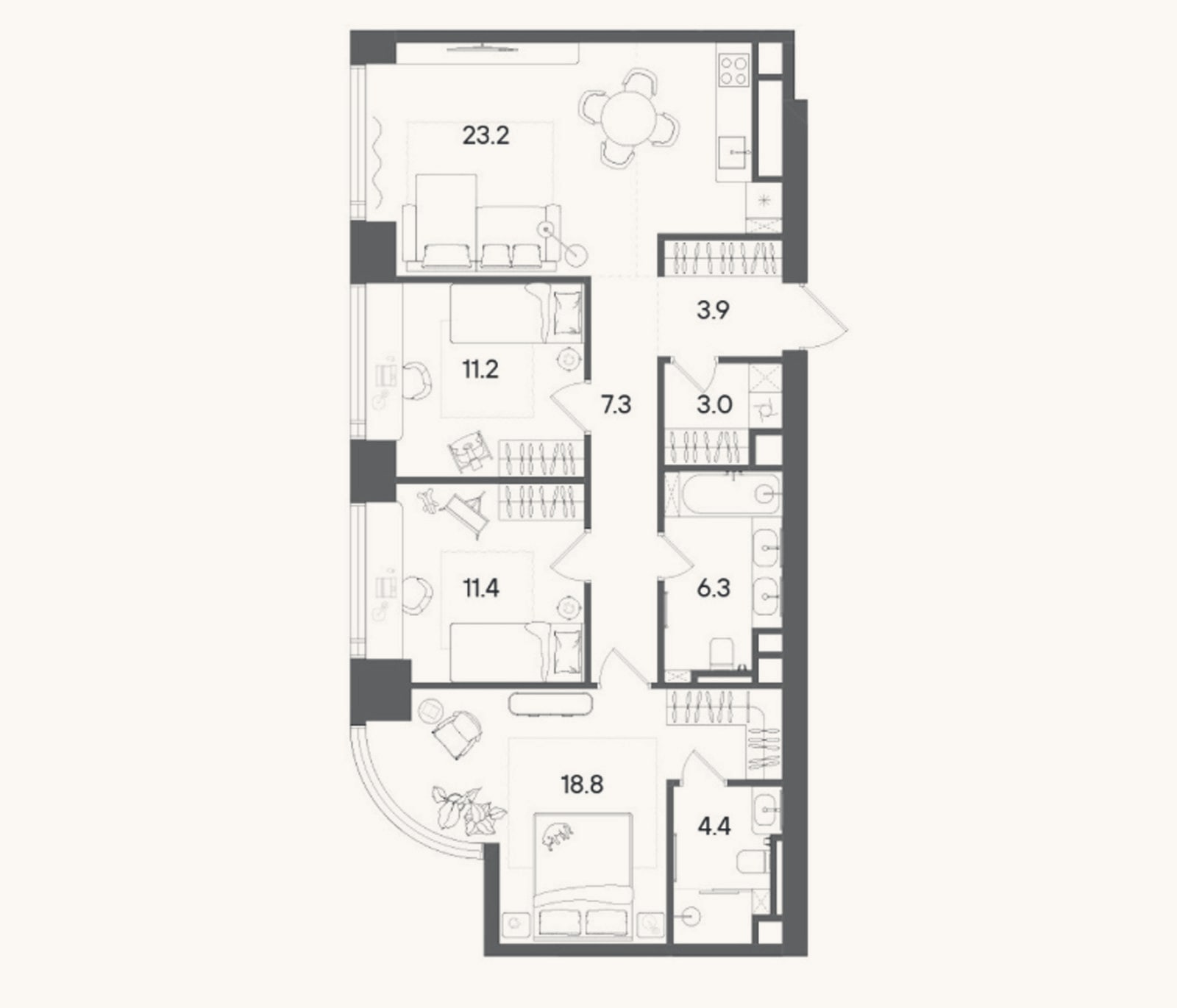 Планировка: 4+ к, 90,3 м²