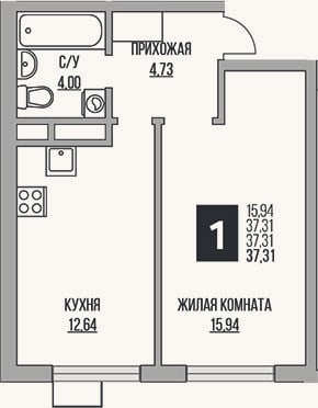Планировка: 1-к, 37,3 м²