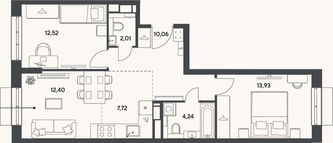 Планировка: 3-к, 62,9 м²