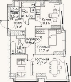 Планировка: 2-к, 60,5 м²