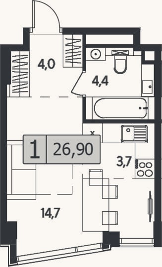 Планировка: Студия, 26,9 м²