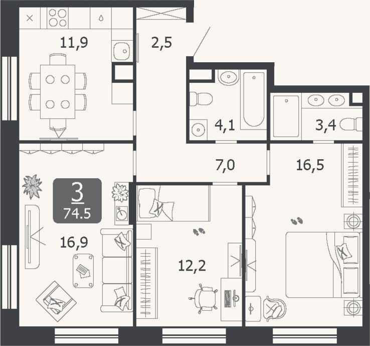 Планировка: 3-к, 74,5 м²
