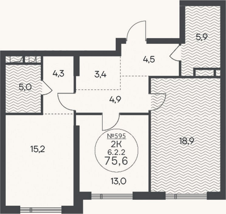 Планировка: 2-к, 75,6 м²