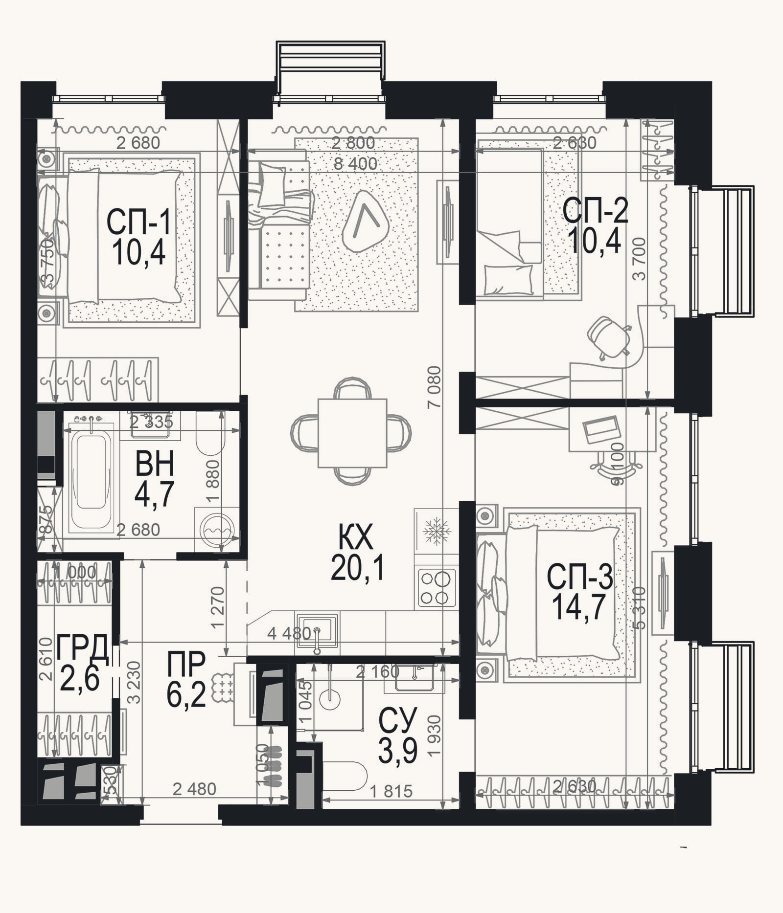 Планировка: 3-к, 73 м²
