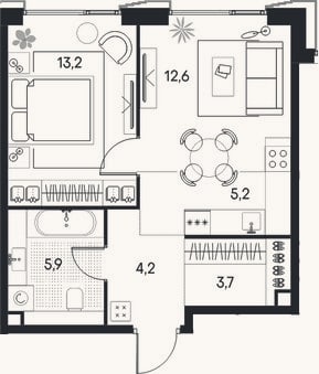 Планировка: 2-к, 44,8 м²