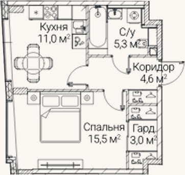 Планировка: 1-к, 39,4 м²