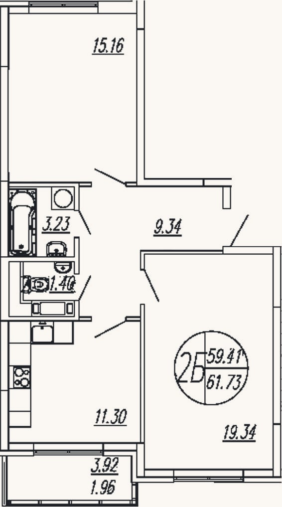 Планировка: 2-к, 59,8 м²