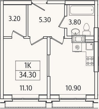 Планировка: 1-к, 34,3 м²
