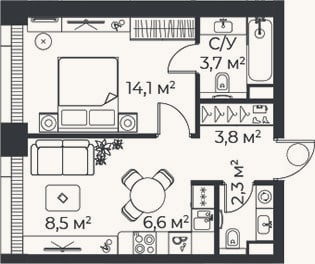 Планировка: 2-к, 39,1 м²