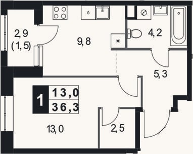 Планировка: 1-к, 34,8 м²