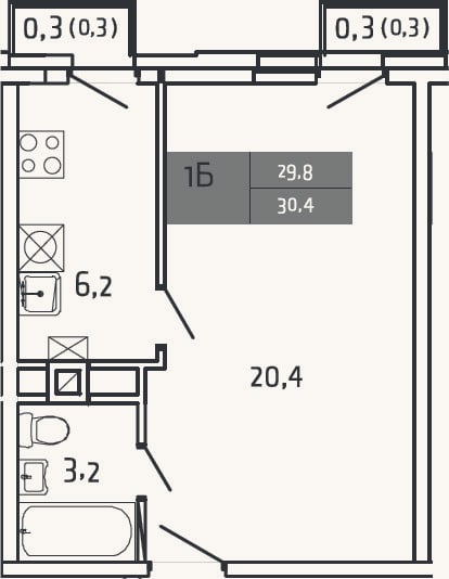 Планировка: 1-к, 29,8 м²