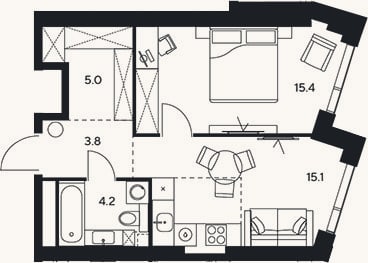 Планировка: 1-к, 43,5 м²
