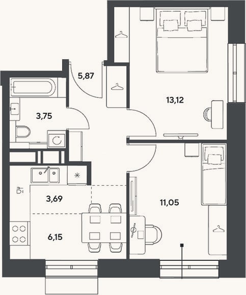 Планировка: 3-к, 43,6 м²