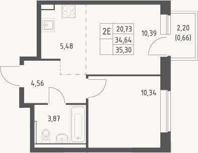 Планировка: 2-к, 34,6 м²