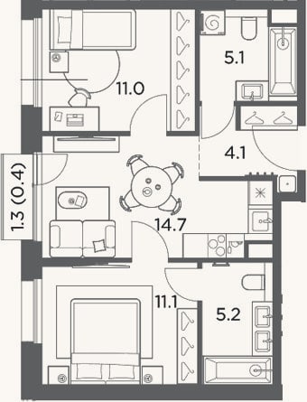 Планировка: 2-к, 51,2 м²