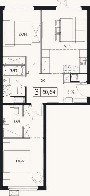 Планировка: 3-к, 60,6 м²