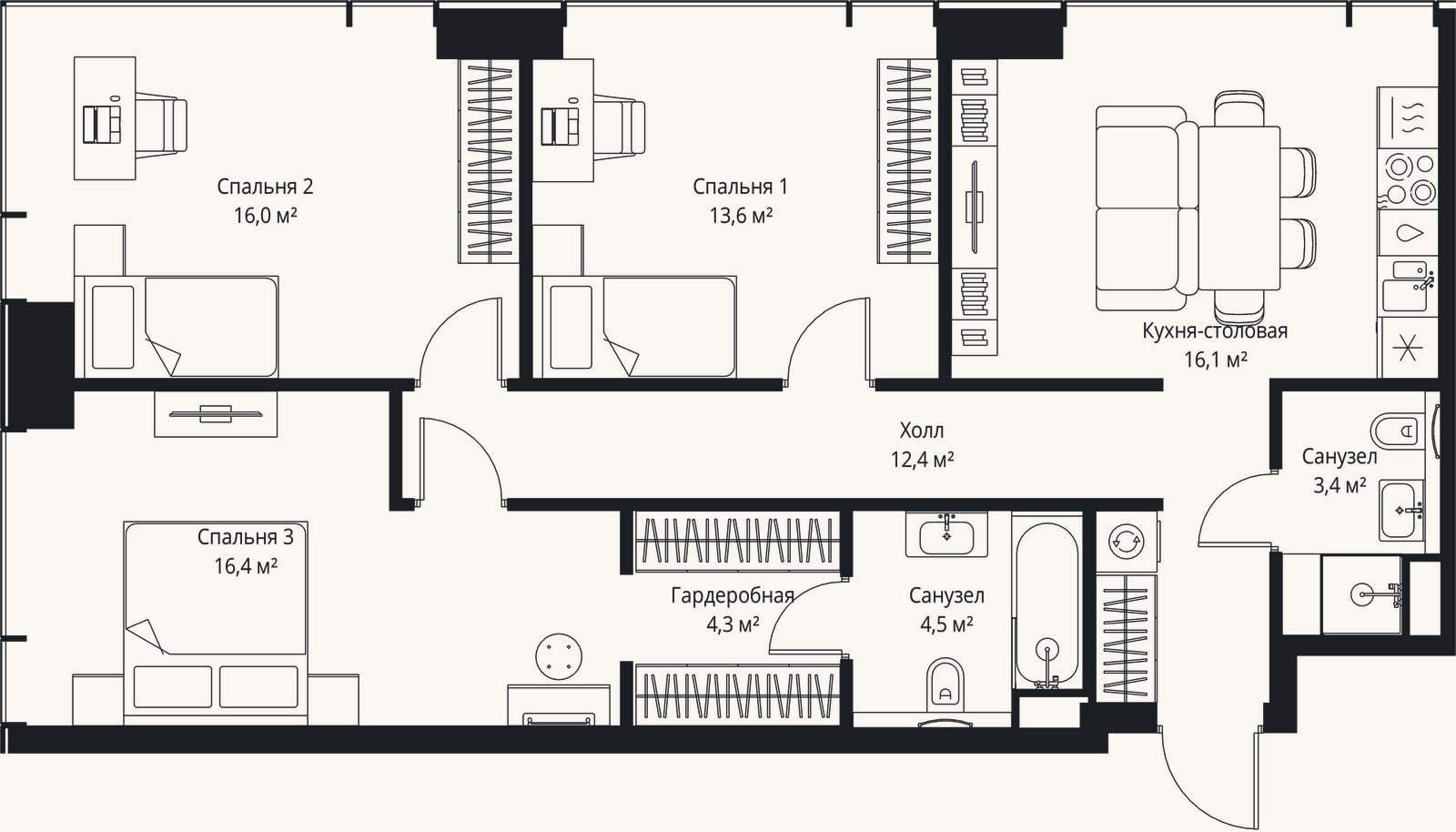 Планировка: 4+ к, 86,7 м²