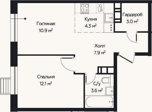 Планировка: 2-к, 40,7 м²
