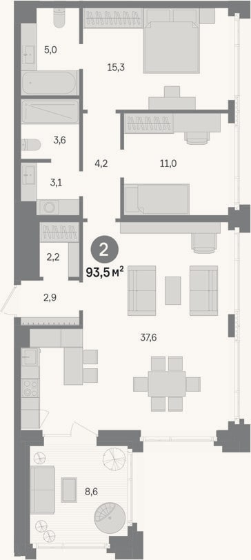 Планировка: 2-к, 84,9 м²