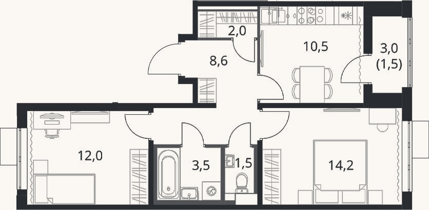 Планировка: 2-к, 52,3 м²
