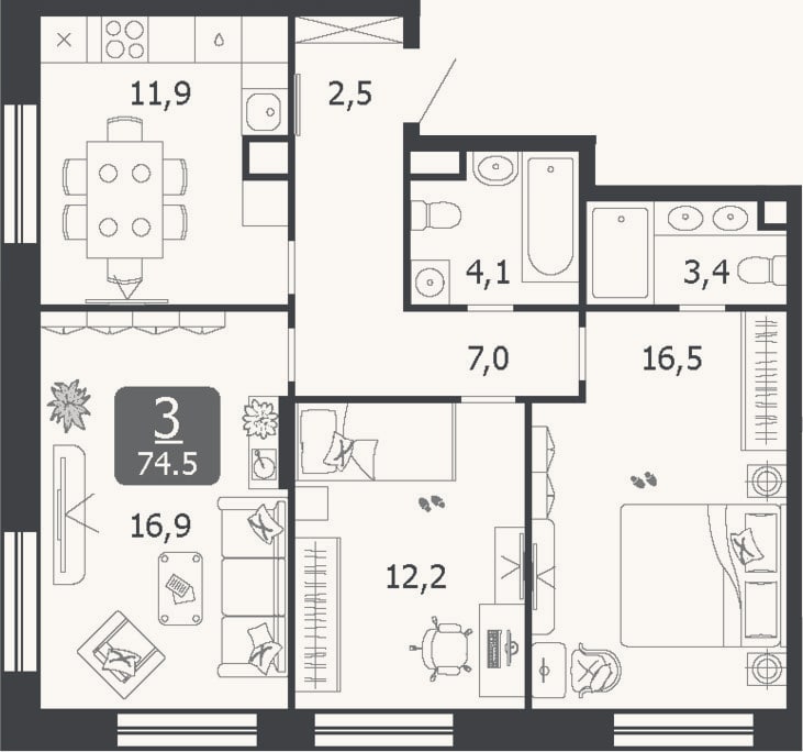 Планировка: 3-к, 74,5 м²