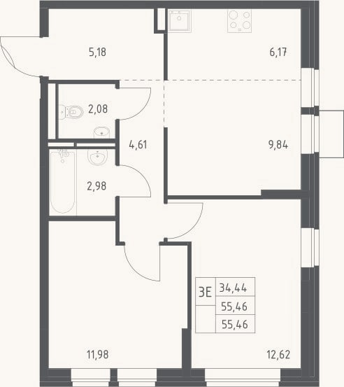 Планировка: 3-к, 55,5 м²