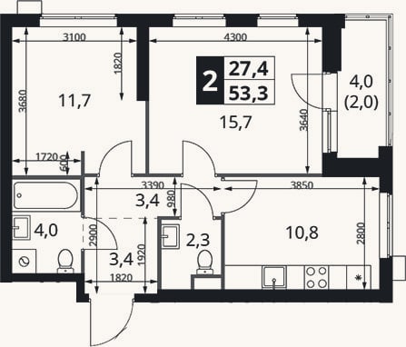 Планировка: 2-к, 51,3 м²