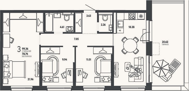 Планировка: 3-к, 78,7 м²