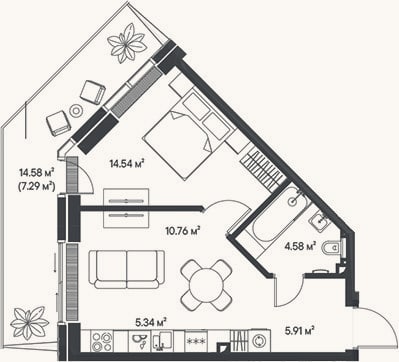 Планировка: 2-к, 41,1 м²