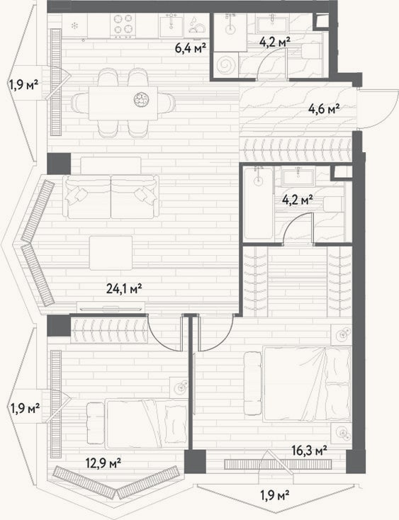 Планировка: 3-к, 72,7 м²