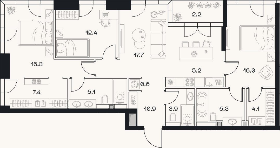 Планировка: 4+ к, 106,9 м²