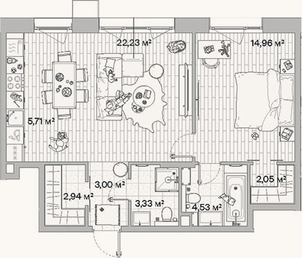 Планировка: 2-к, 58,8 м²