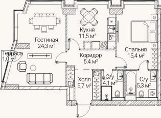 Планировка: 2-к, 70,4 м²