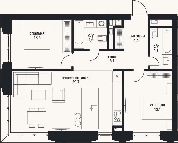 Планировка: 3-к, 75,6 м²