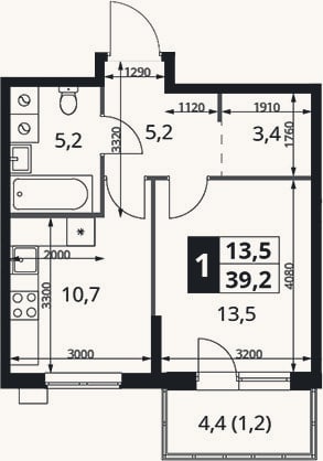 Планировка: 1-к, 38 м²