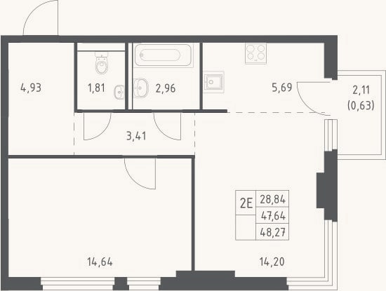 Планировка: 2-к, 47,6 м²