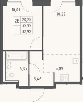 Планировка: 2-к, 32,9 м²