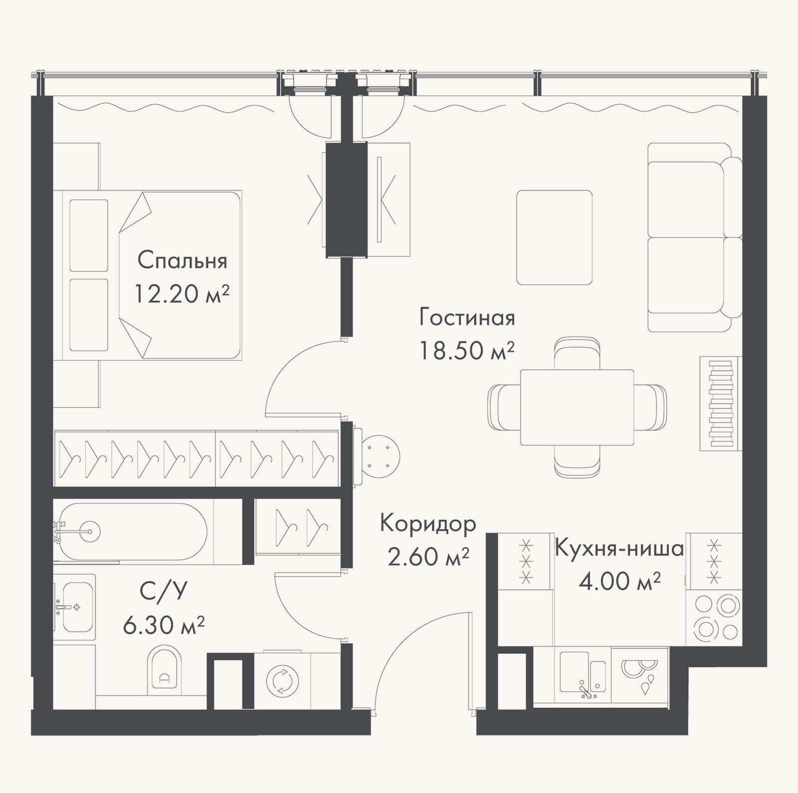 Планировка: 2-к, 43,6 м²