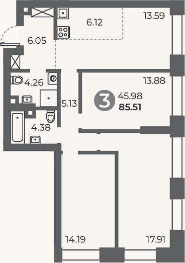 Планировка: 3-к, 85,5 м²