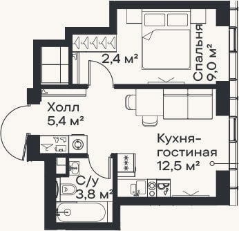 Планировка: 2-к, 33,1 м²