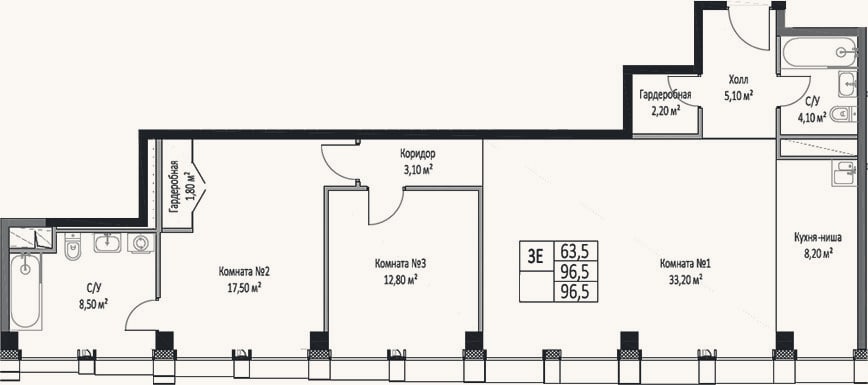 Планировка: 3-к, 96,5 м²