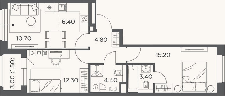 Планировка: 3-к, 57,2 м²