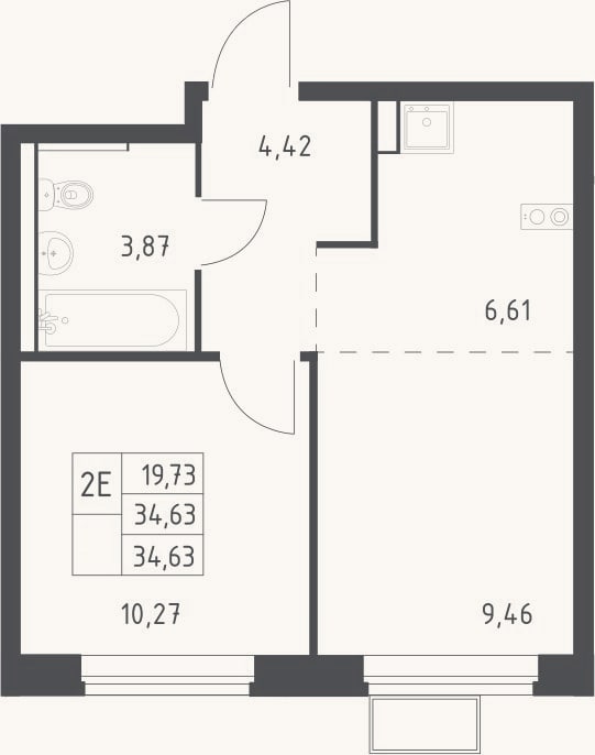 Планировка: 2-к, 34,6 м²