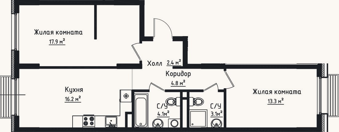 Планировка: 2-к, 61,8 м²