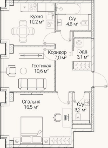 Планировка: 2-к, 55,4 м²