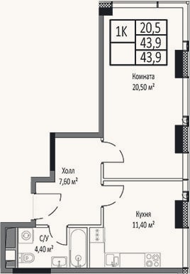 Планировка: 1-к, 43,9 м²