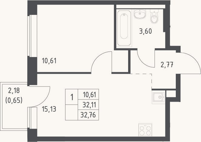 Планировка: 2-к, 32,1 м²