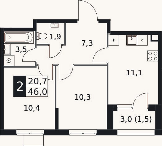 Планировка: 2-к, 44,5 м²