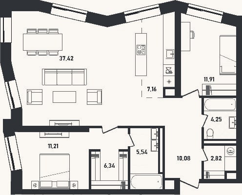Планировка: 3-к, 96,7 м²