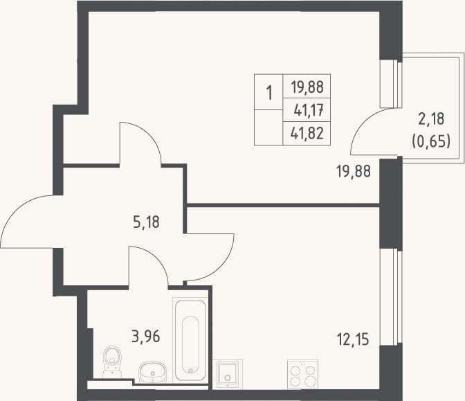Планировка: 1-к, 41,2 м²